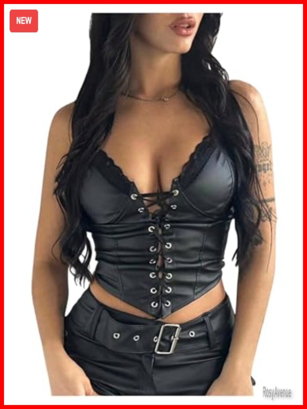 Faux Leather Lace Up Corset Bustier Cropped Top Goth Punk Y2K